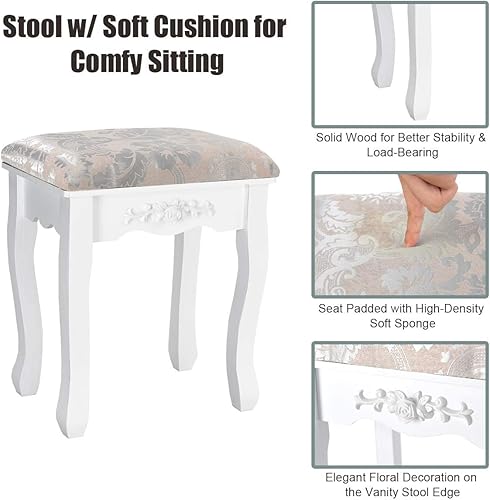 Miniatura 7 de MAT EXPERT Juego de mesa de tocador con espejo giratorio de 360°, tocador multifuncional blanco con taburete acolchado, organizador de maquillaje