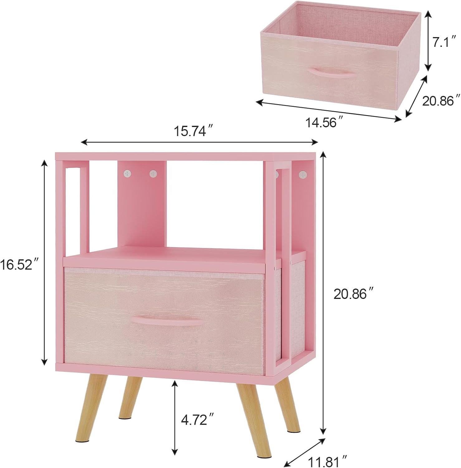 Aenuert Kids Night Stand, 2-Tier Pink Nightstand with Drawer and Metal Frame
