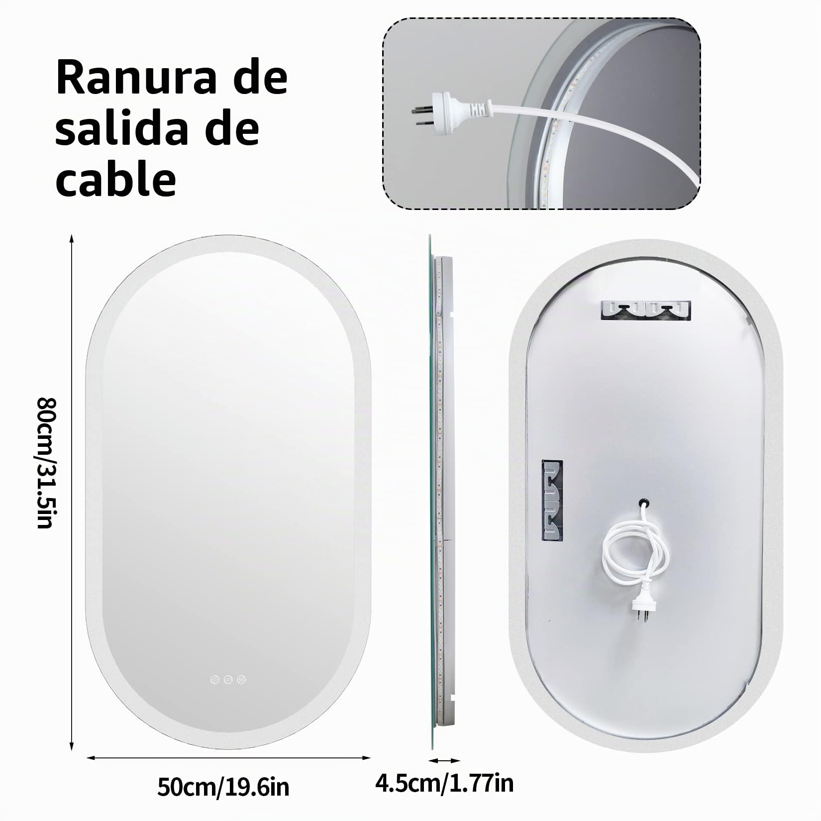 LUVODI Espejo Baño con Luz Led Ovalado 80 x 50 cm Espejos de Baño Antivaho con Luz Retroiluminado Regulable Espejo Moderno Inteligente con Interruptor Tactil y Enchufe para Recibidor vestidor