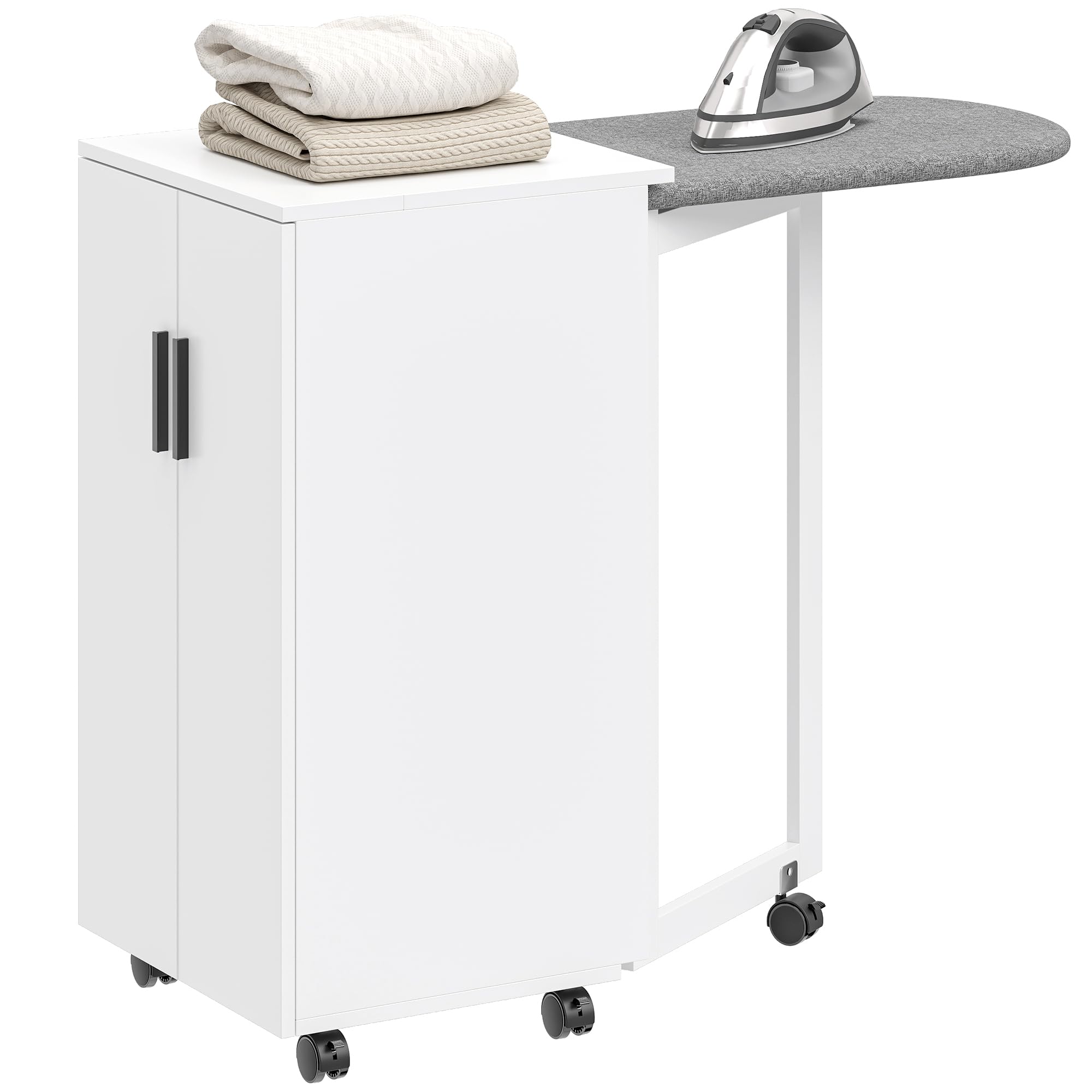 HOMCOM Faltbarer Bügelbrettschrank mit 2 Türen und verstellbaren Regalen, Klappbarer Bügeltisch mit Rollen für mit Aufbewahrung und Soft-Close-Scharnieren, für Waschküche, 99,5 x 43 x 83 cm Weiß