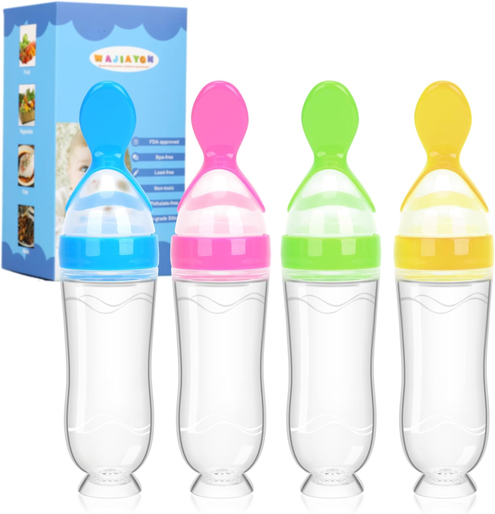 Baby Food Feeder 4 Pack Silicone Baby Food Dispensing Spoon-WAJIAYON, 3 oz Squeeze Feeding Spoons with Suction Cup for Boys Girl Kids Toddlers - Self Feeding Bottle Spoon