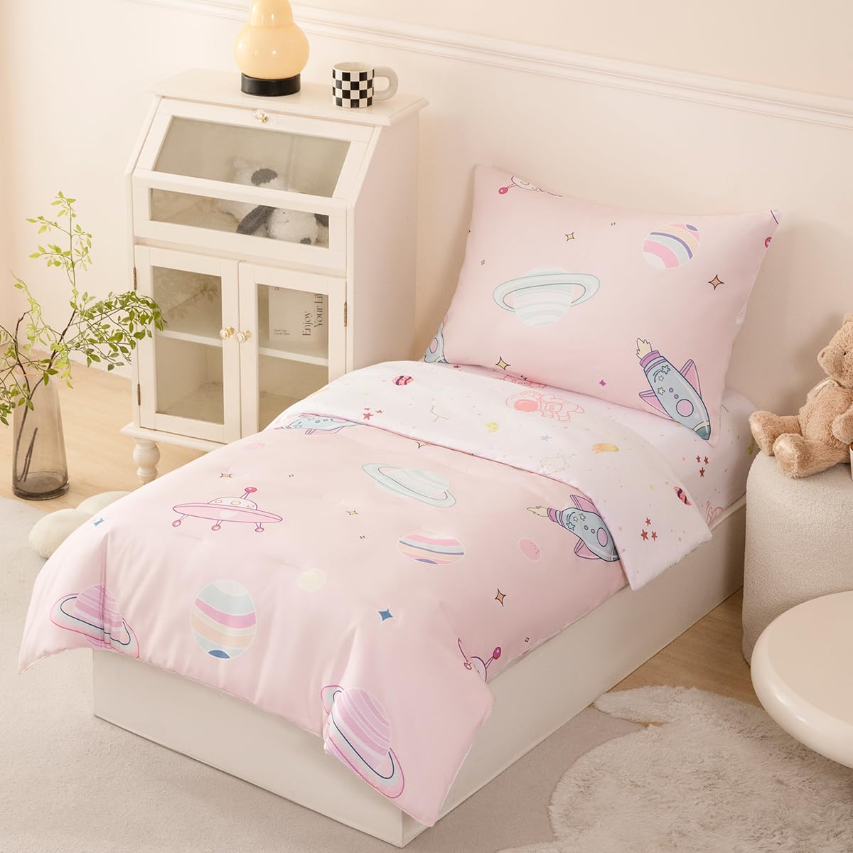 STYHO Space Toddler Duvet Cover 2 Pieces Cartoon Reversible Pink Planet Rocket Bedding Sets for Cot Bed Soft Breathable Girls Duvet Set including Zipper Closure(Space - Image 2