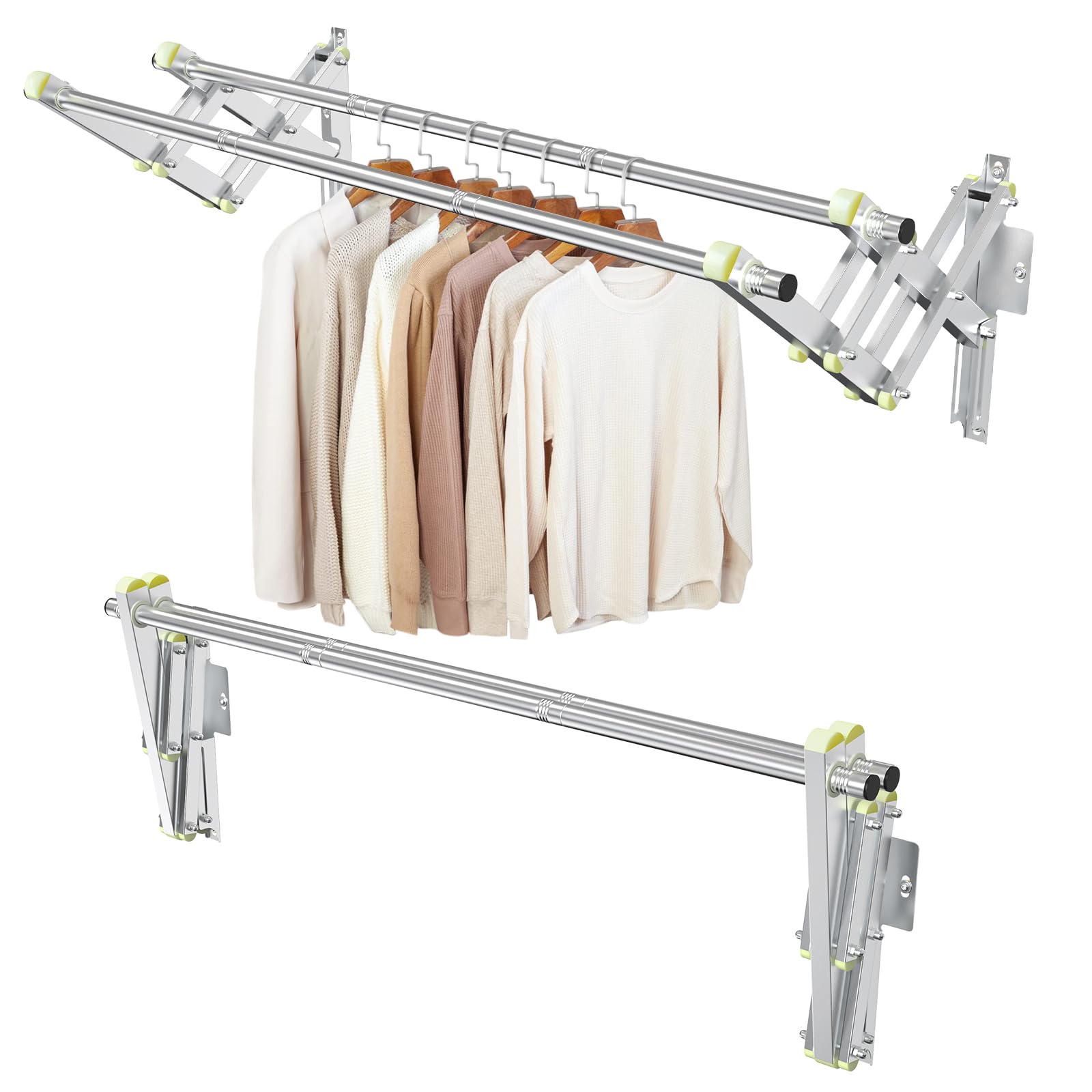 Foldable Wall Mounted Clothes Rack-Double 44'' Long Rod&2 Bases,Stainless Steel, Heavy Duty,Multi-Purpose for Space-Saving Garment Rack/Clothes Drying Rack/Plant Hanger (44 inches length X 2 rows)