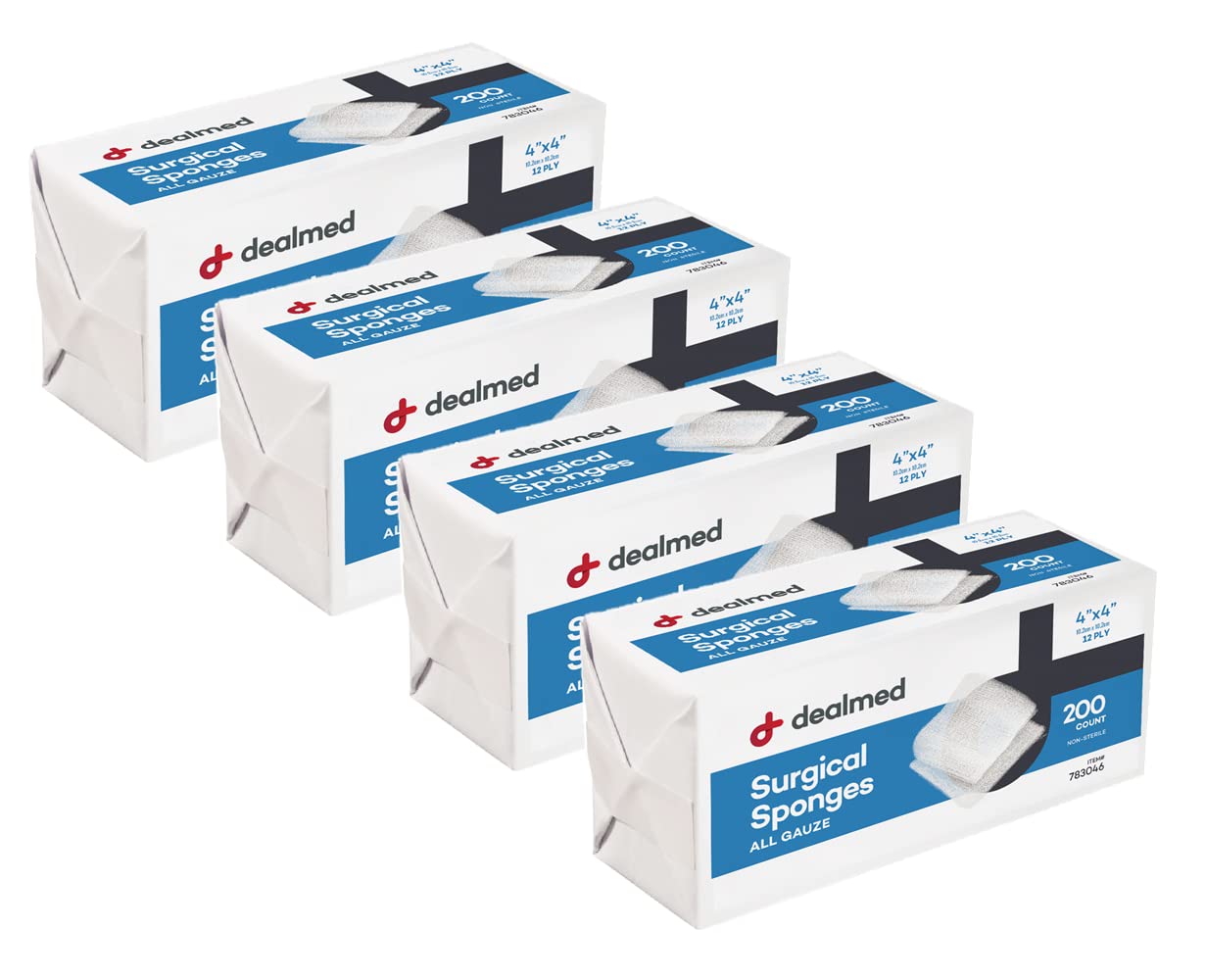 Dealmed 4" x 4" Surgical Sponges, 12-Ply, Absorbent Woven Gauze Pads, Non-Sterile Wound Care for First Aid Kit and Medical Facilities, 200 Count (Pack