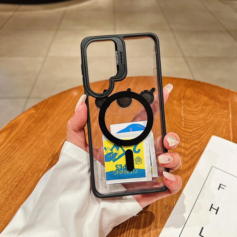 Image of LuxuryKase Clear Case Compatible with MagSafe for Samsung Galaxy S26 | Shockproof Transparent Cover with Camera Lens Protection | Metal Ring Stand & Wireless Charging Support - Black