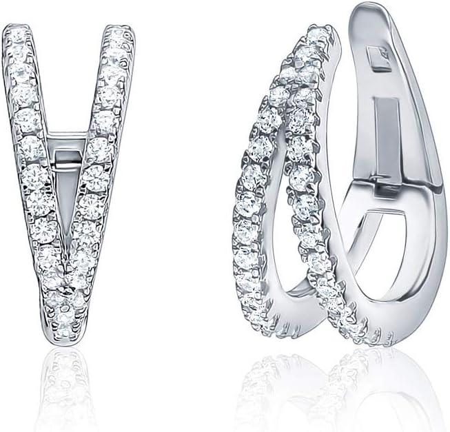 Sterling Silver Conch Huggie Hoop Earrings Tapered Double Row Simulated Diamonds Cartilage Ear Cuff for Non Pierced Ears Hinged