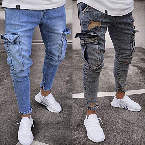 Andongnywell Men Skinny Stretch Destroyed Denim Pants Ripped Slim Fit Jeans Trousers Stretch Knee Pocket with Zipper4