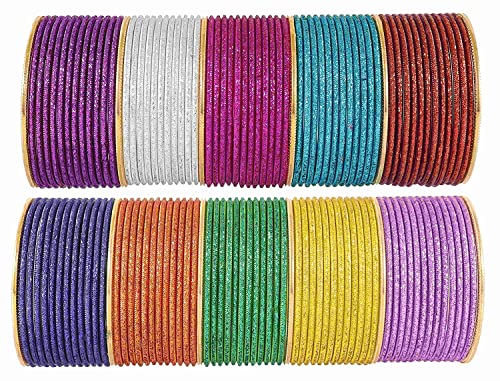 Image of NMII Stylish Multi colour Metal Bangles set for women and Girls with Zari and Cutting Design | Fancy Multicolour Bangles for women | Metal Chudi Set For Women | Women's Bangles