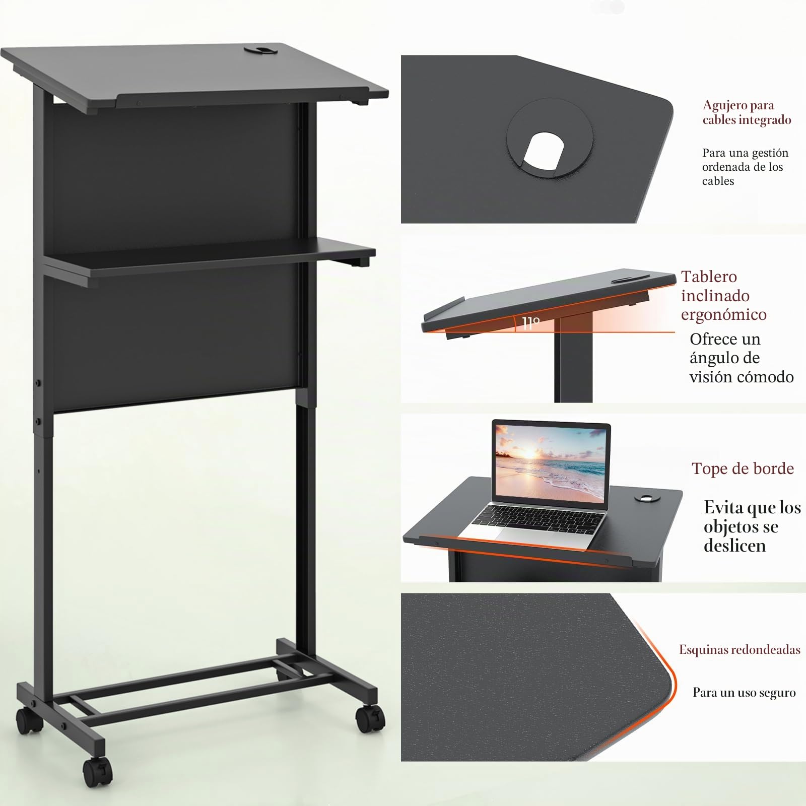 LIFEZEAL Atril, Podio de Conferencia, con 2 Estantes, 4 Ruedas, Altura Ajustable, Mesa de Presentación, para Discursos Públicos, Iglesia, Aula, 60x40x108,5-122,5cm