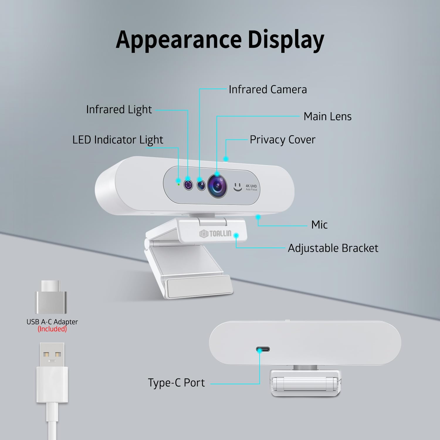 TOALLIN Webcam 4K UHD pour PC avec Windows Hello, Reconnaissance Faciale