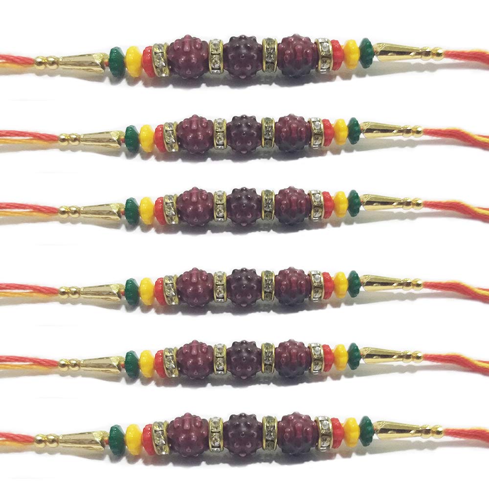 NYGT Set of 6 Rakhi for Brother Rudraksha Ring Stone Beds Multicolor Thread Mauli Bracelet Friendship Band for Festive Pooja Raksha bandan Bhai Bhaiya Bro Sister Wristbands Handmade for Men and Boys