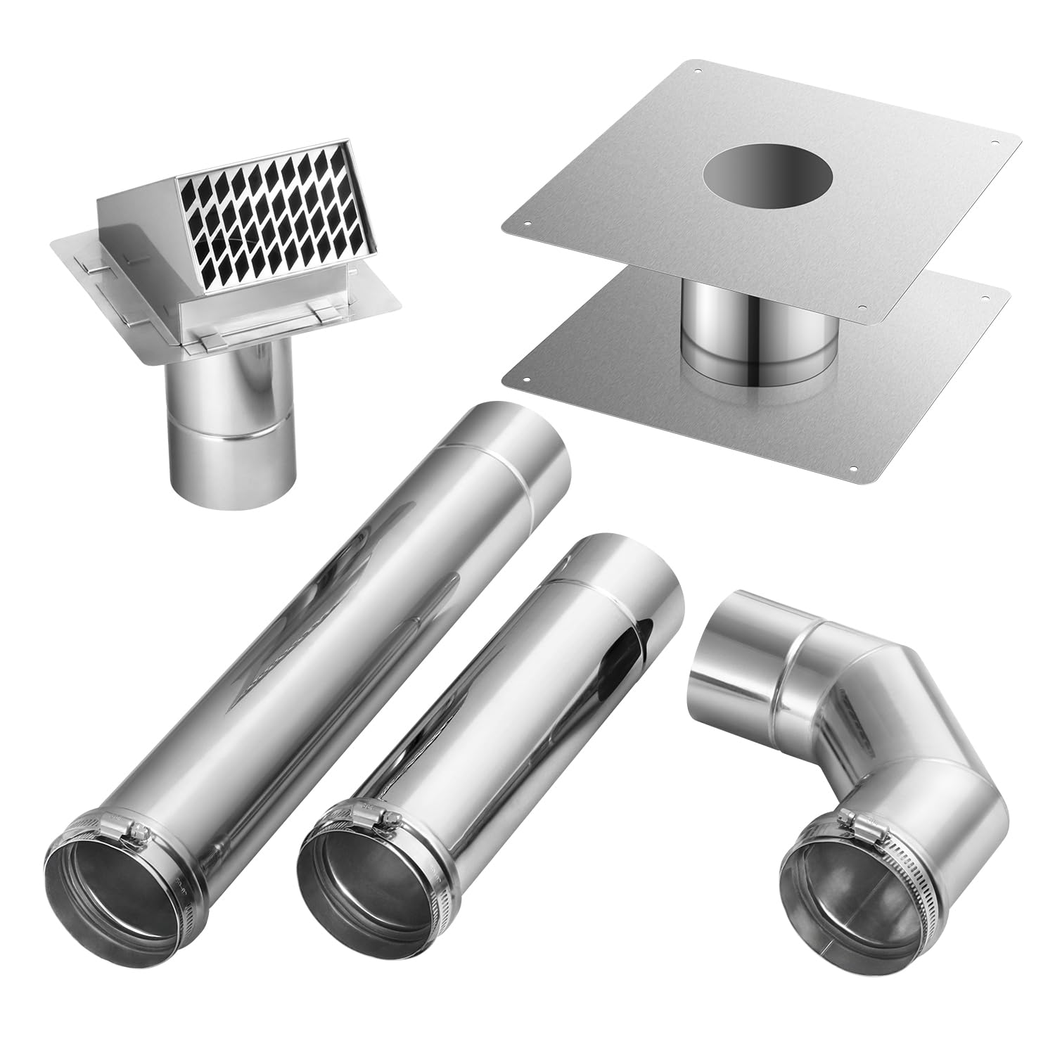 Kit de ventilación de acero inoxidable GASLAND 3 para calentadores de agua a gas sin tanque. Incluye 3 campanas de terminación, 3 codos de 90 grados, 3 tubos de ventilación de 1, 3 tubos de ventilación de 1,5 y 3 guardacabos de pared.
