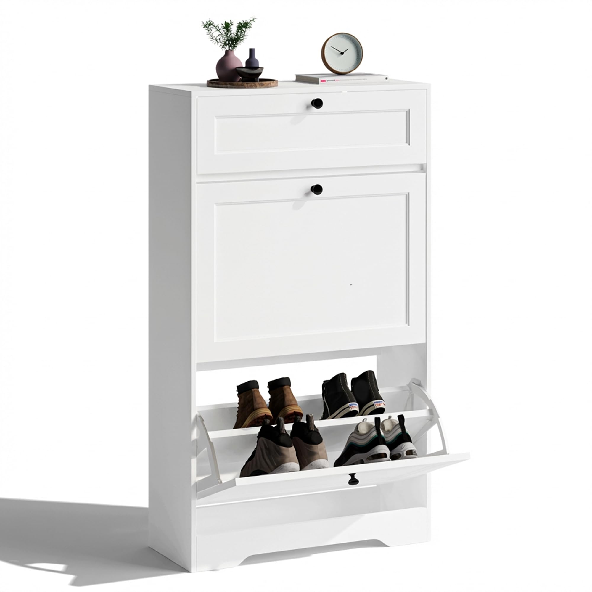 Xbro Scarpiera Slim Salvaspazio da Ingresso, Mobile Scarpiera Stretta 60 cm con 2 Ante a Ribalta e 1 Cassetto, Profondità 24 cm, Sistema Anti Ribaltamento, 60x24x102 cm, Bianco
