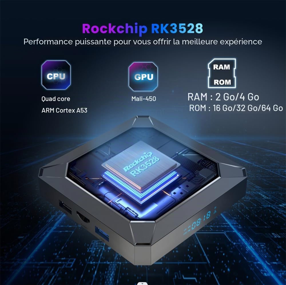 CHROX Boîtier TV Android 13.0, 4 Go De RAM 32 Go De ROM, X98 K Android TV Box 4K WiFi 6 avec RK3528A Quad-Core, Android Box 2,4 G/5 G WiFi Bluetooth 5.0 USB 3.0 TV Box Android,2gb+16gb
