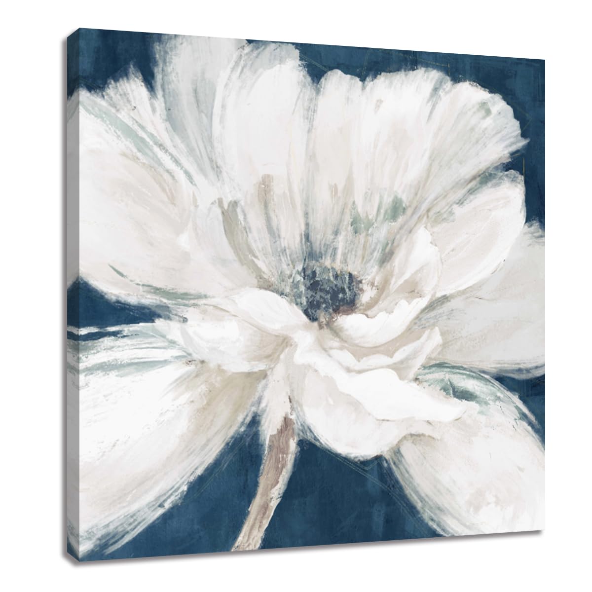 LACHART White and Blue Flower Picture Decor Canvas Wall Art Gary Floral Painting for Bedroom Bathroom Decoration 12x12 inches