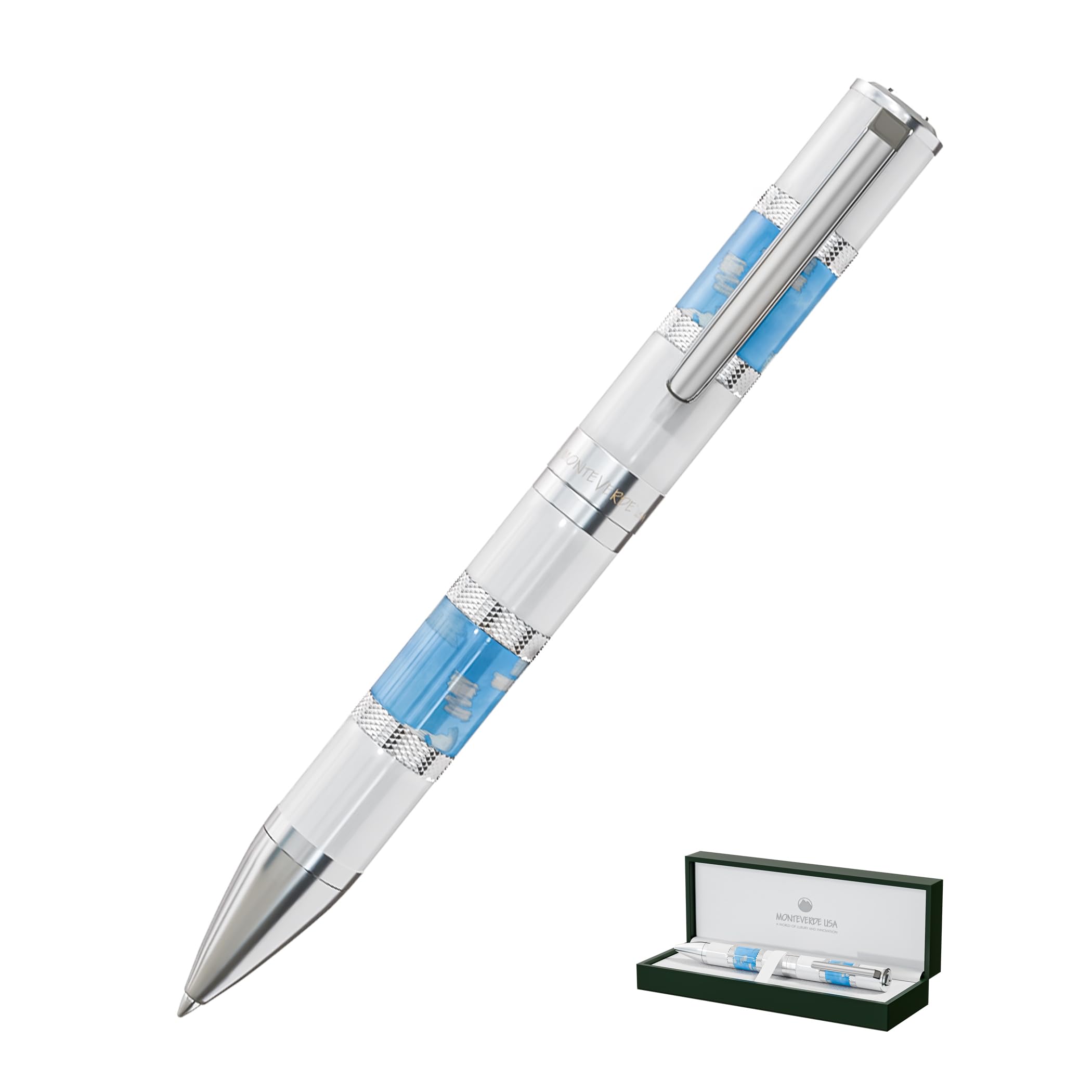 Monteverde USA Regatta Sport Ballpoint Pen, Santorini White and Blue – European Grade Resin, Luxury Writing Instrument, Refillable Parker Style Refills