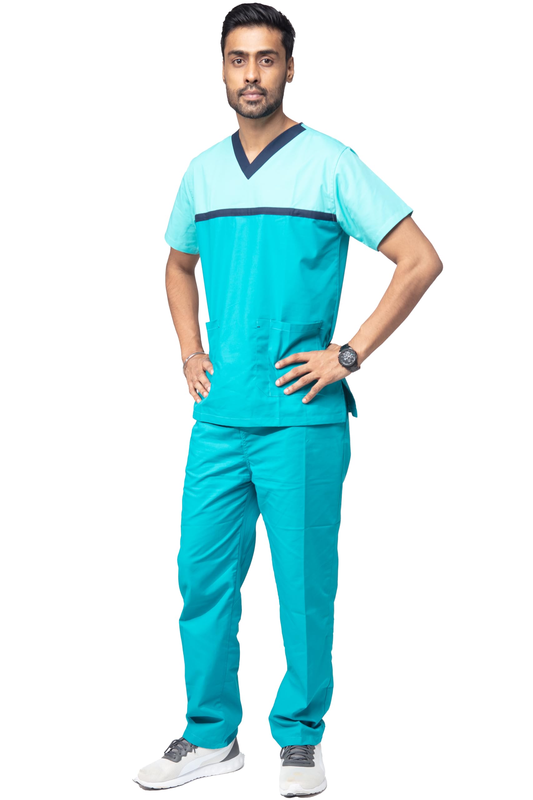UNIFORM CRAFT Men’s Designer Scrub Suits DSDV03 || 5 pocket scrubs | Ideal for doctors, dentists, vets, nurses & healthcare professionals (Light Teal, 2XL)