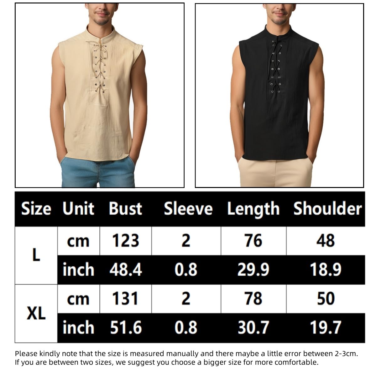 Men's Sleeveless Henley Vest, Vintage Steampunk Gothic Viking Pirate Lace-up Shirt - Image 2