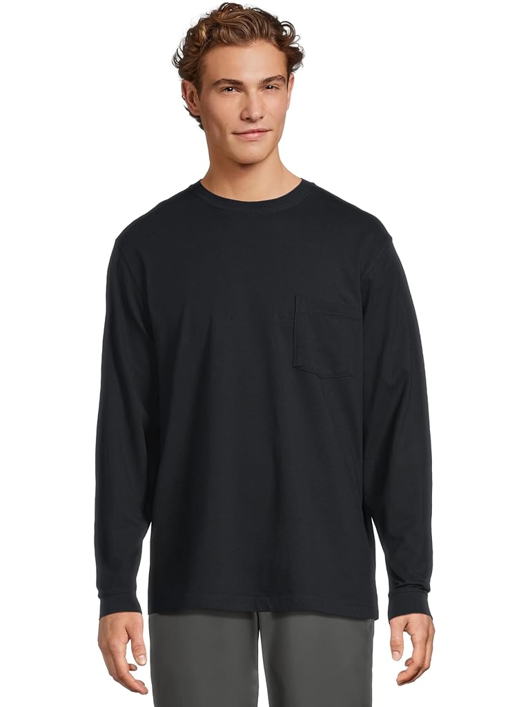 Navy L.L.Bean Carefree Unshrinkable Tee With Pocket Traditional Fit Long-sleeve