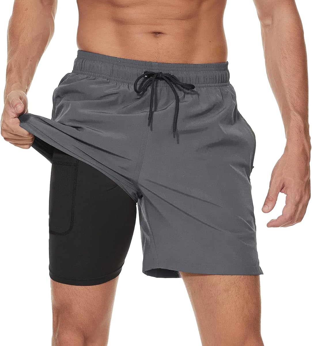 Mens Swim Trunks with Compression Liner 2 in 1 Beach Swimming Trunks Quick Dry Swim Shorts with Zipper Pockets