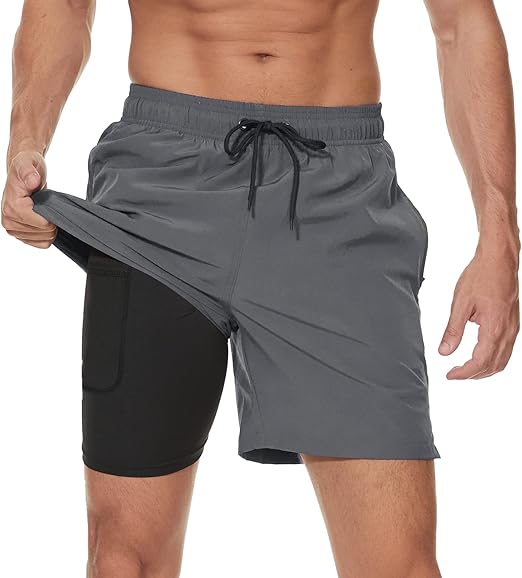 Arcweg Mens Swim Trunks with Compression Liner 2 in 1 Beach Swimming Trunks Quick Dry Swim Shorts with Zipper Pockets
