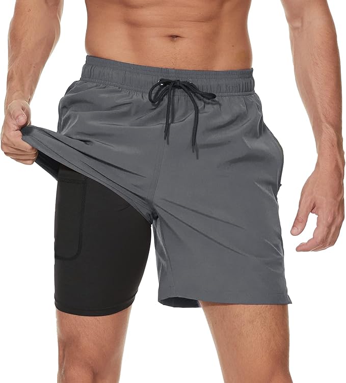 Arcweg Mens Swim Trunks with Compression Liner 2 in 1 Beach Swimming Trunks Quick Dry Swim Shorts with Zipper Pockets