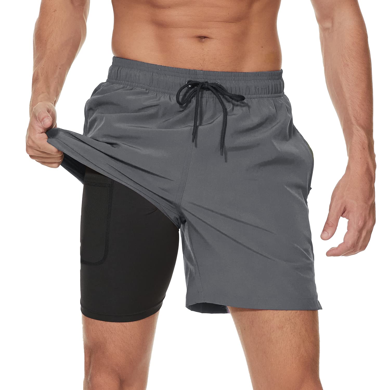 Arcweg Mens Swim Trunks with Compression Liner 2 in 1 Beach Swimming Trunks Quick Dry Swim Shorts with Zipper Pockets