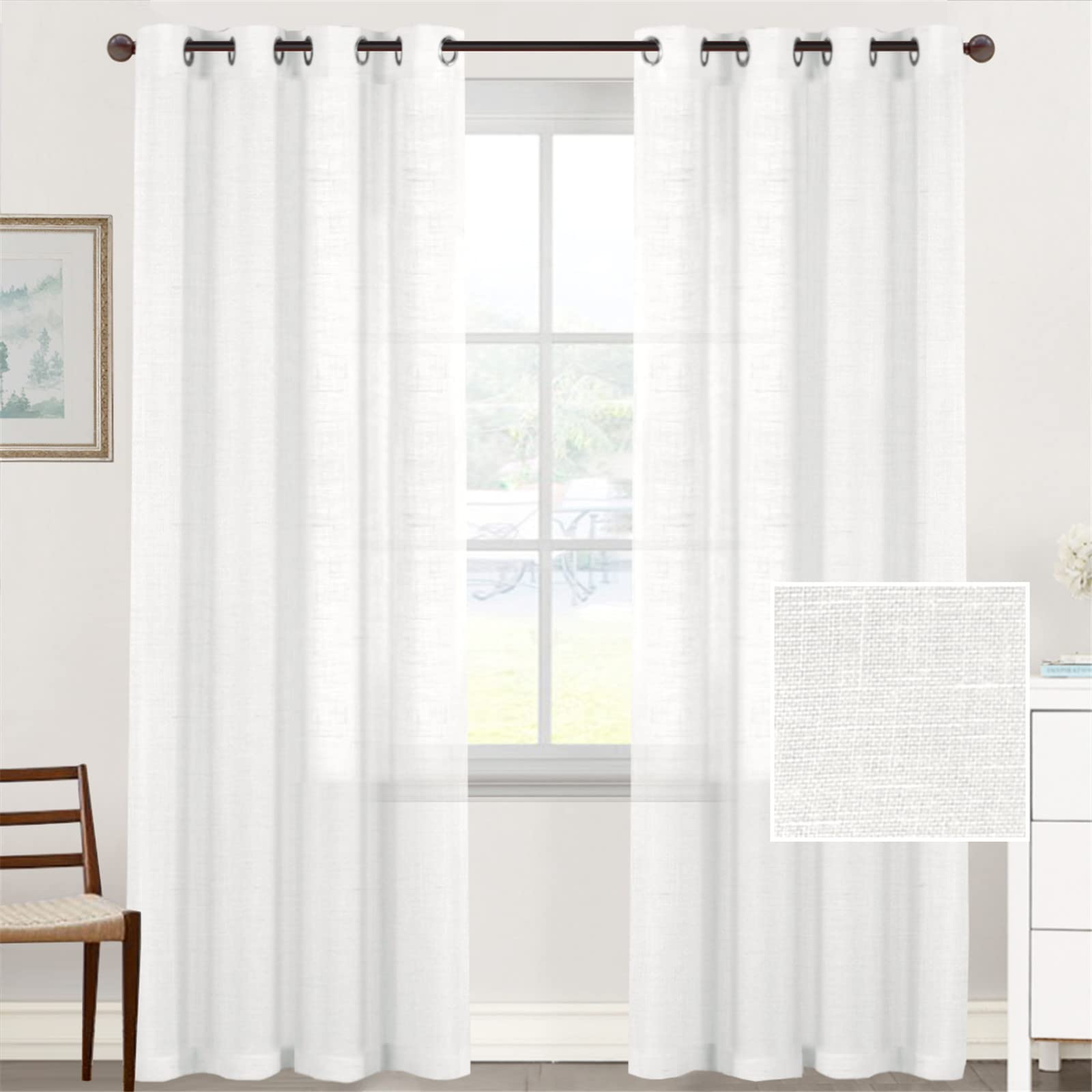Hiseng Voile Curtains for Bedroom 2 Panels, Solid Color Sheer Curtains Eyelets Curtains Linen Translucent Window Screen Door Drapes for Living Room Balcony Home (132x274cm,White) — image 1