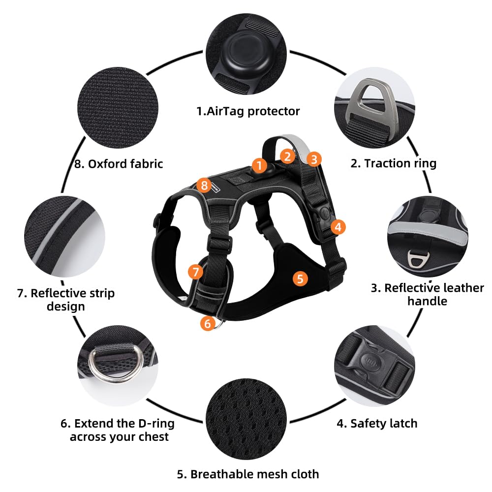 Airtag Dog Harness Chest Plate Reflective No Pull Harness with Leash for Extra Large Dogs (Black, M) - image 7