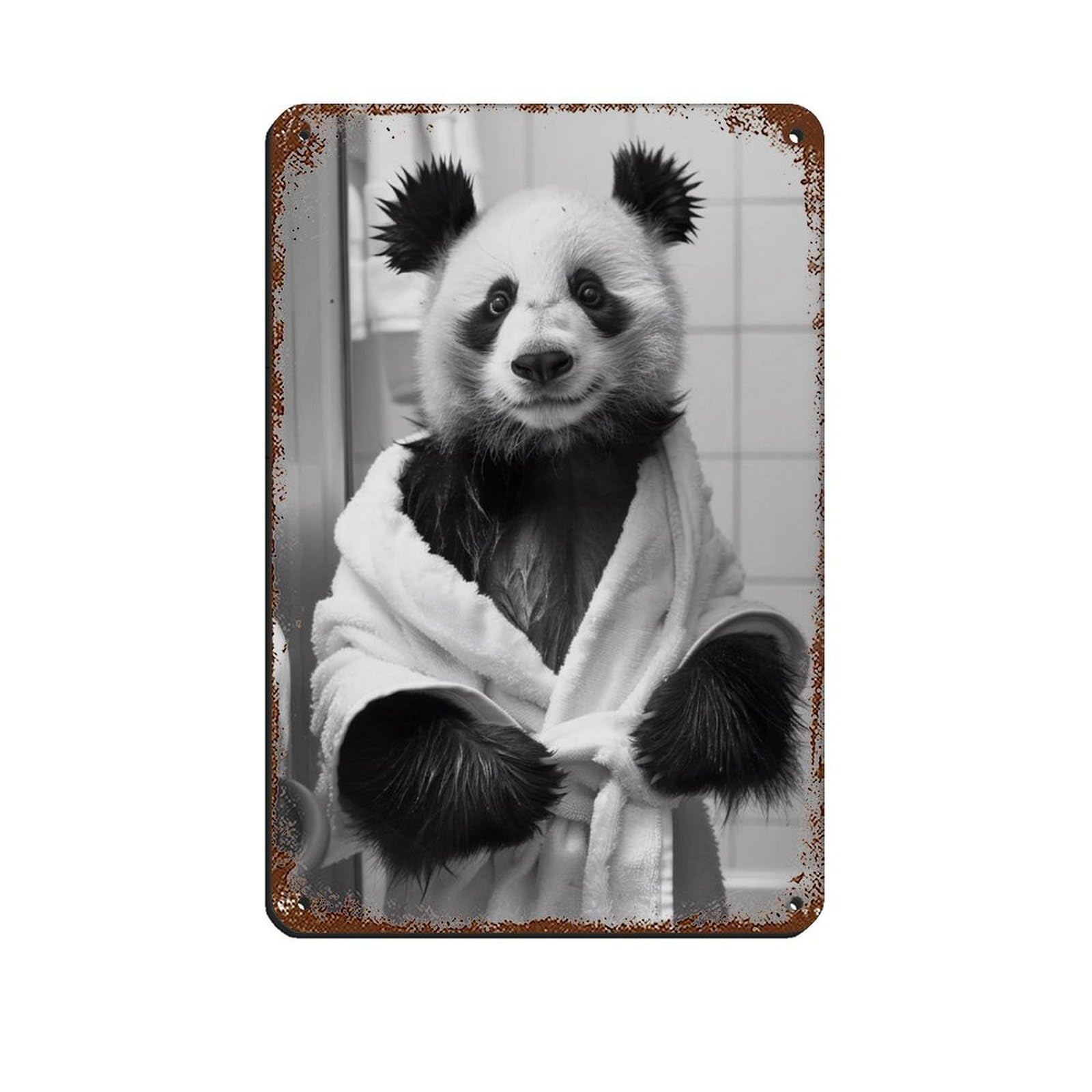 Panda in A Bathrobe, Funny Bathroom Art Retro Poster Metal Tin Sign Chic Art Retro Iron Painting Bar People Cave Cafe Family Garage Poster Wall Decoration 8x12inch(20x30cm)