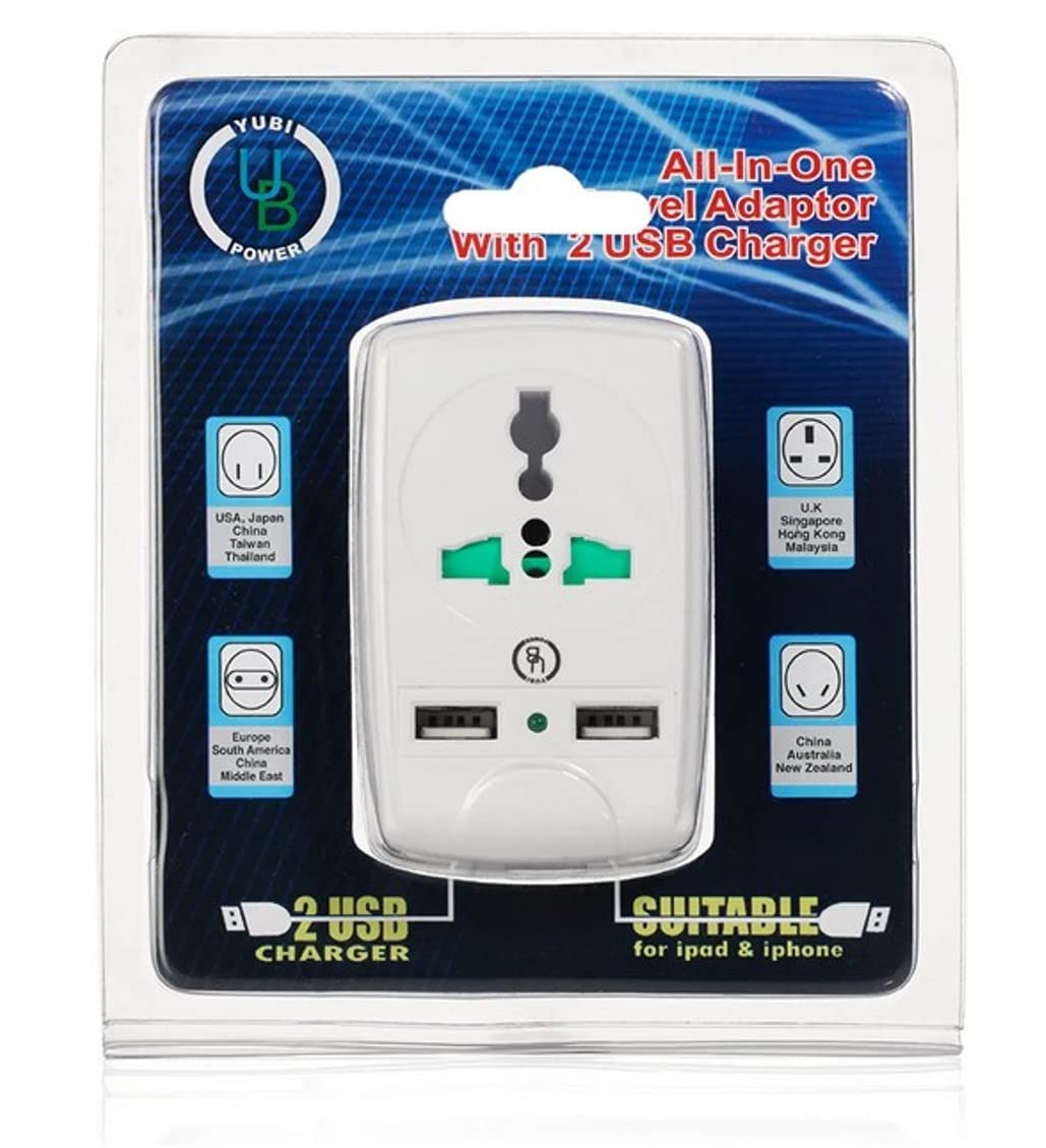 Yubi Power Universal World Wide Travel Plug Adapter/Charger with Universal Input Outlet and Dual USB Ports - Multi Worlwide Plug-in Foldable Prongs - White