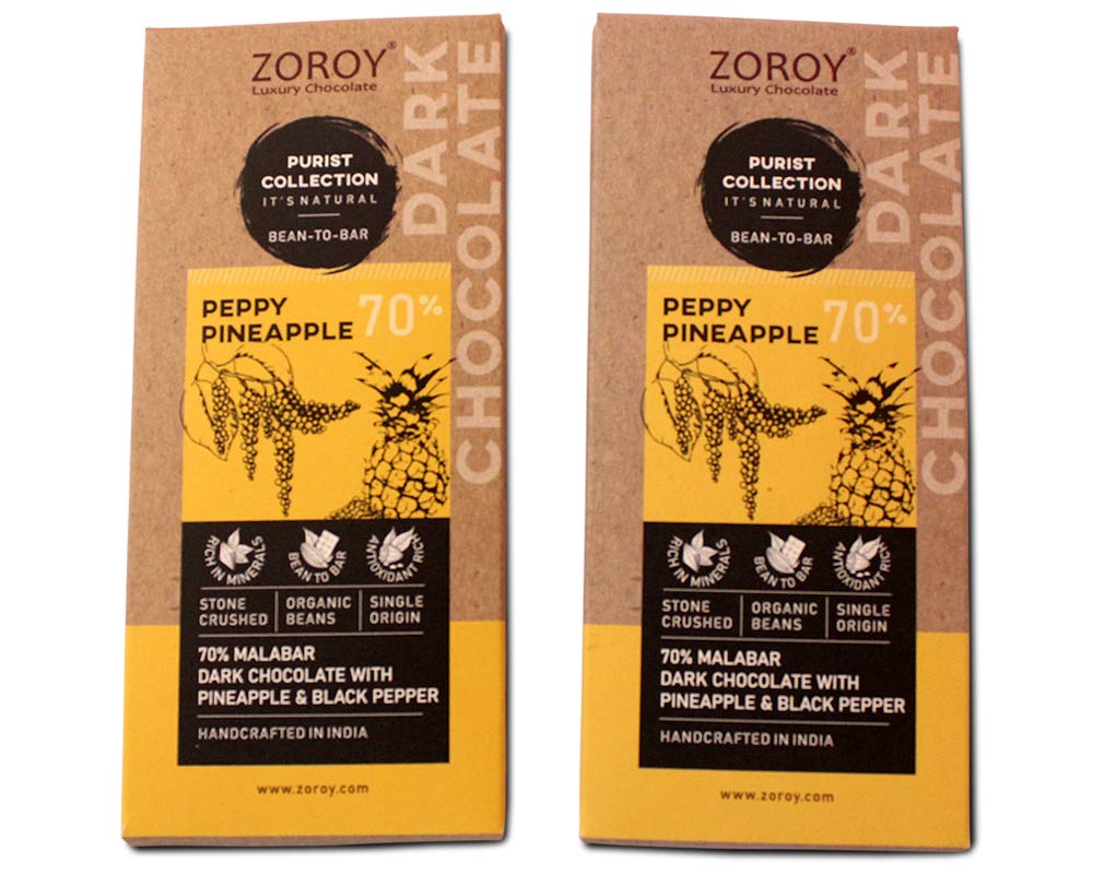 ZOROY Luxury Chocolate Craft Organic Beans Indian Origin Vegan Dark 70% Pineapple and Black pepper Purist Chocolates Bar