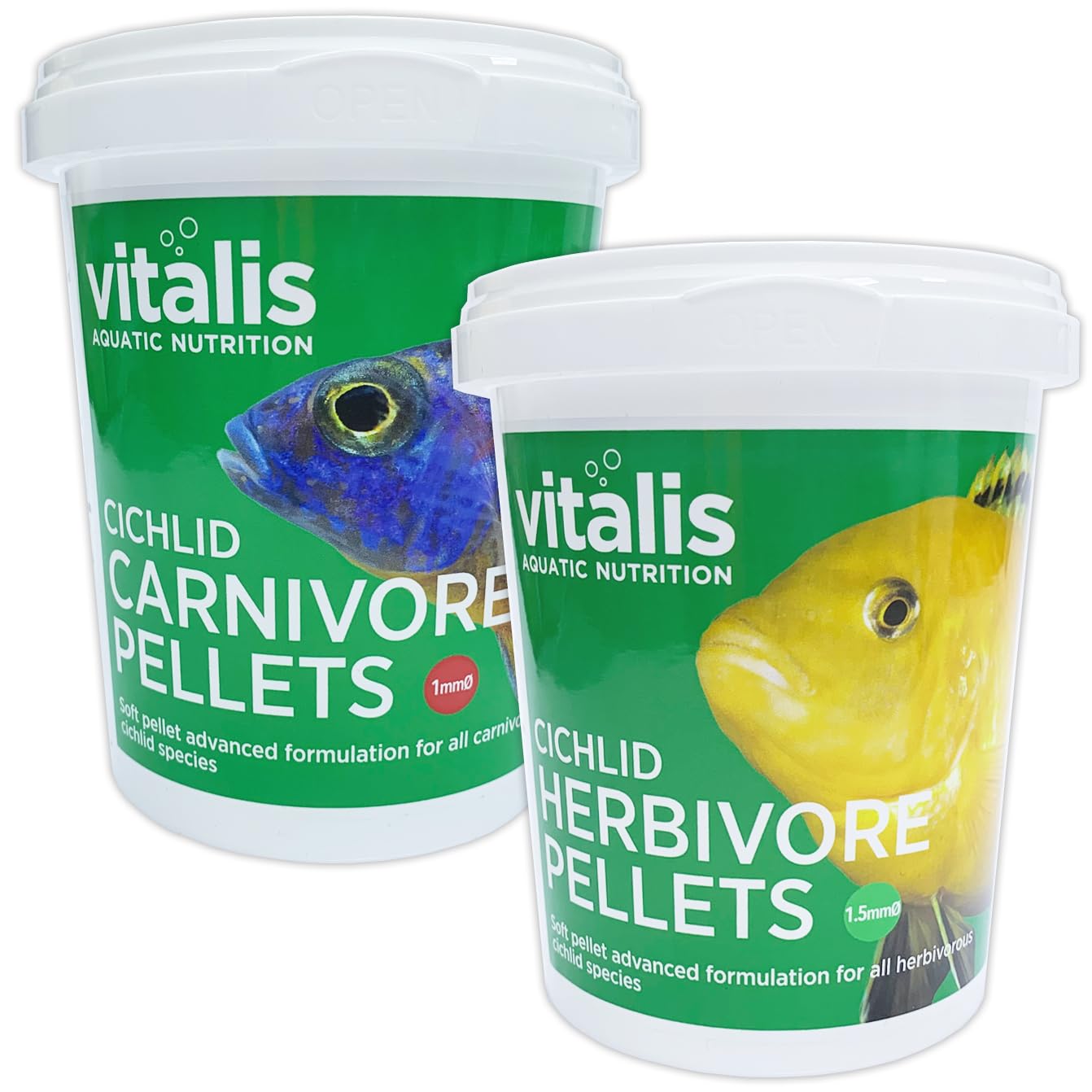 Vitalis Cichlid Herbivore Pellets 260g & Cichlid Carnivore Pellets (1mm) 260g for Carniverous & Herbiverous Cichlids Fish Food Aquarium Tank