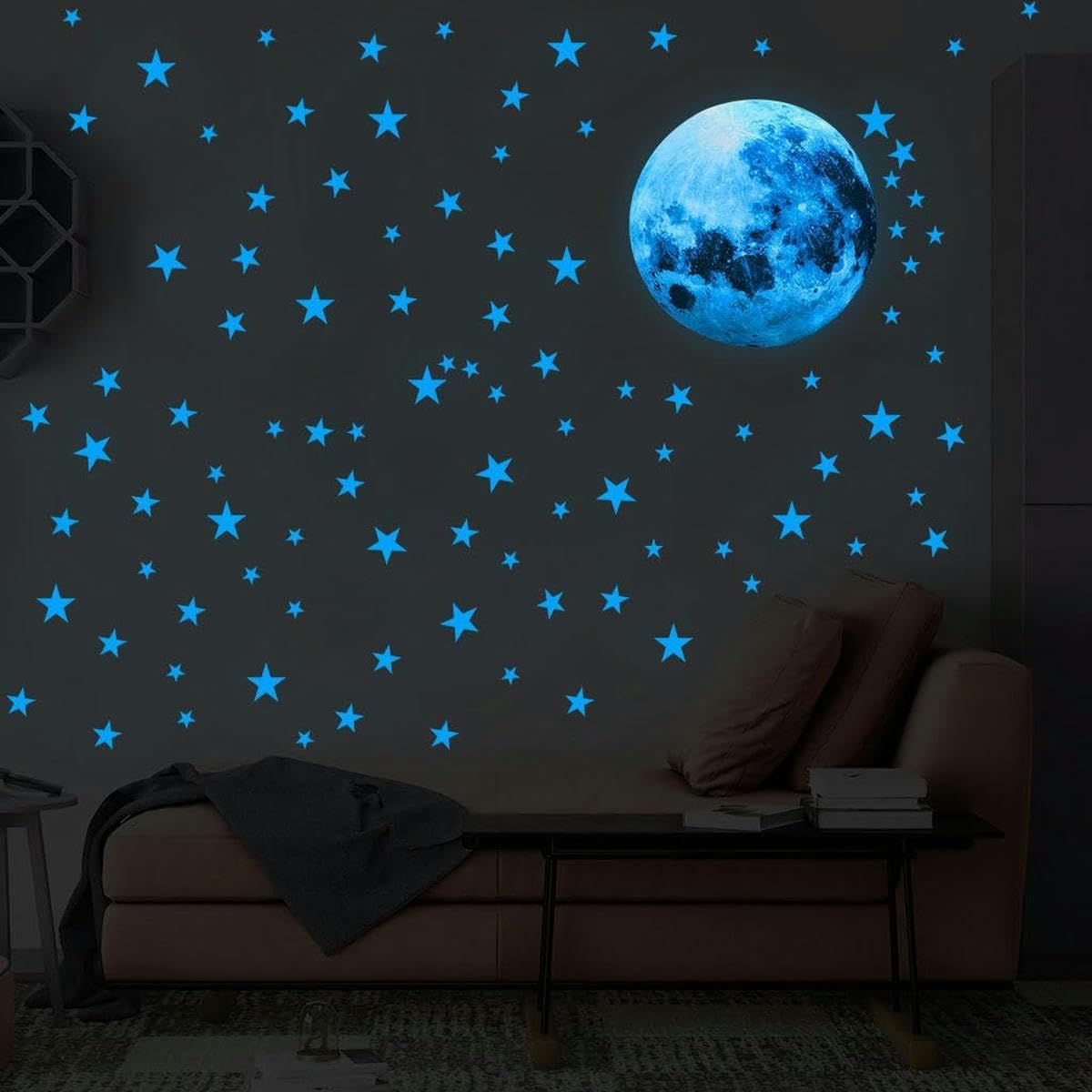 Glow in The Wall Aufkleber, Glow Wandabziehbilder, 177-teiliges Set, 20 cm, Mond und kleiner Stern, blaues/grünes Licht, leuchtende Toilettenaufkleber, lustige Toilettensitz-Aufkleber for Deckel, Wand