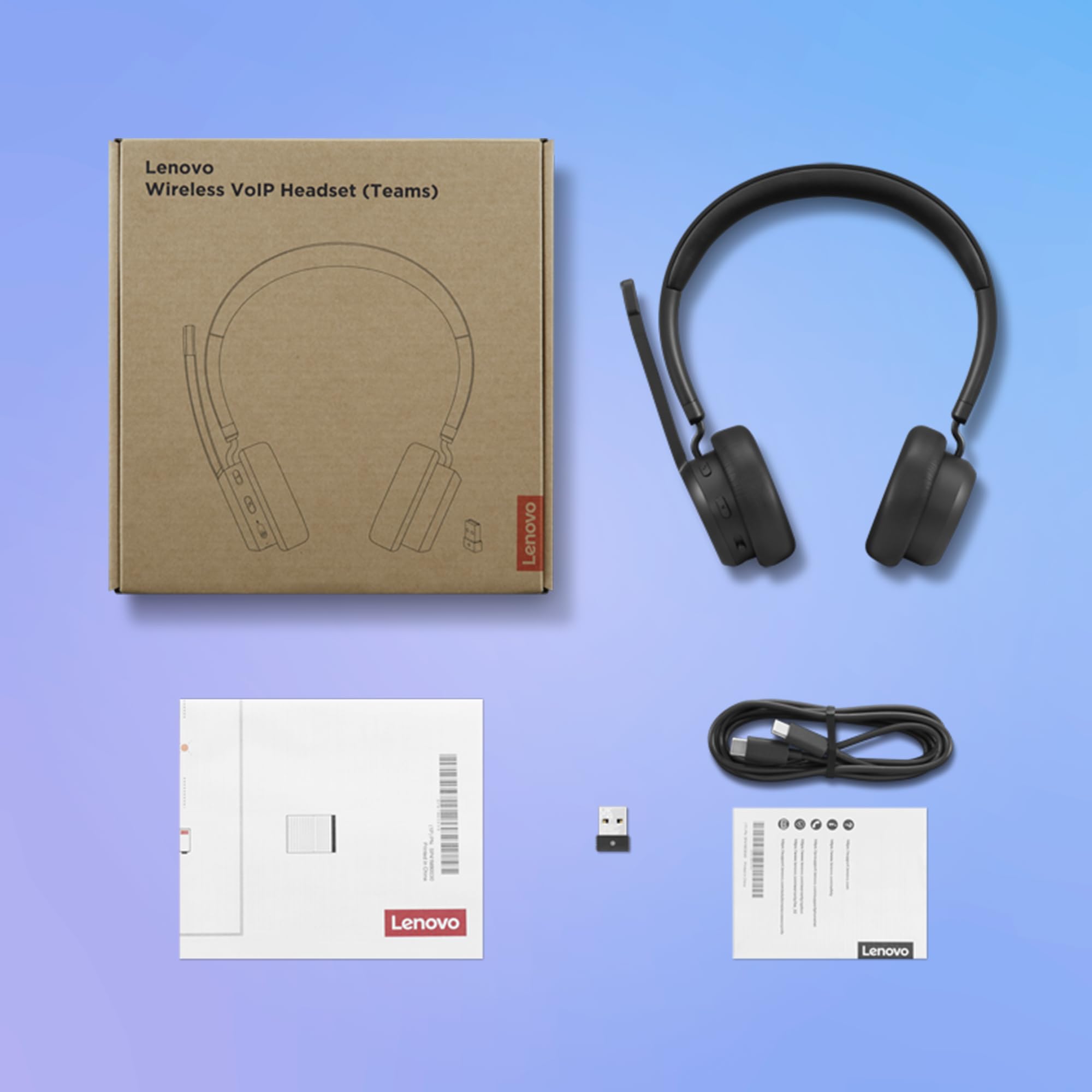Lenovo Cuffie VoIP wireless con microfono (Certificate Microsoft Teams) collegamento Bluetooth con doppia connessione (+ dongle USB-A), fino a 60 ore di utilizzo ricarica con cavo Type-C