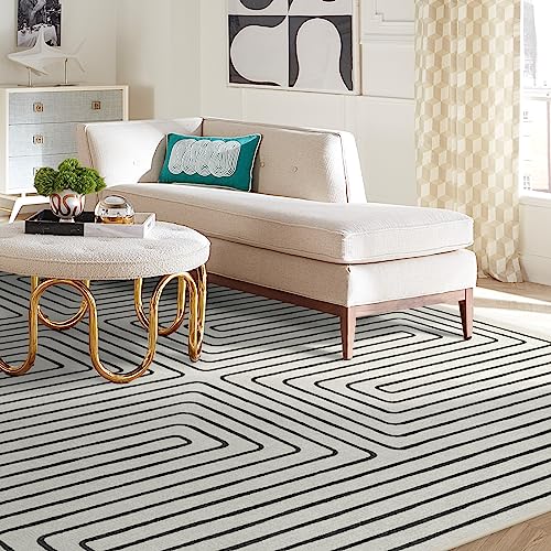 RUGGABLE x Jonathan Adler Machine Washable Modern Area Rug – Labyrinth Black/Ivory 8x10, Stain-Resistant, Non-Slip with Cushioned Pad – Large Rugs for Living Room, Bedroom, Hallway, Entryway & Office