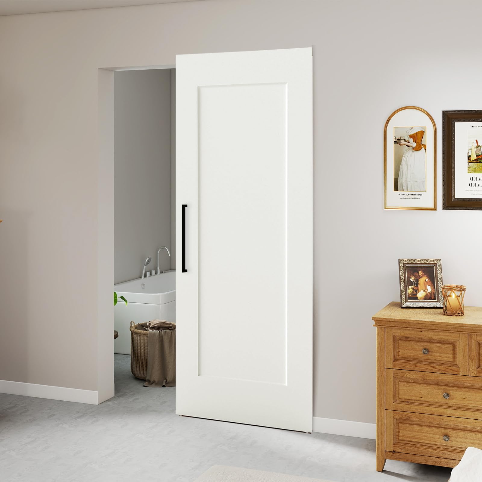 Photo 1 of BarnSmith 30"x84" Concealed Sliding Barn Door, Shaker Style Flat 1 Panel White Primed Solid Core Hidden Barn Door with Soft Close Installation Hardware and Handles Included, Pre-Assembled Panel