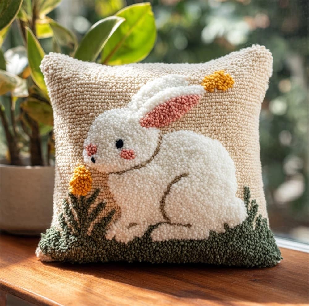 FWRTYCB Latch Hook Kits for Adults Beginners Rabbit On The Grass Pillow So