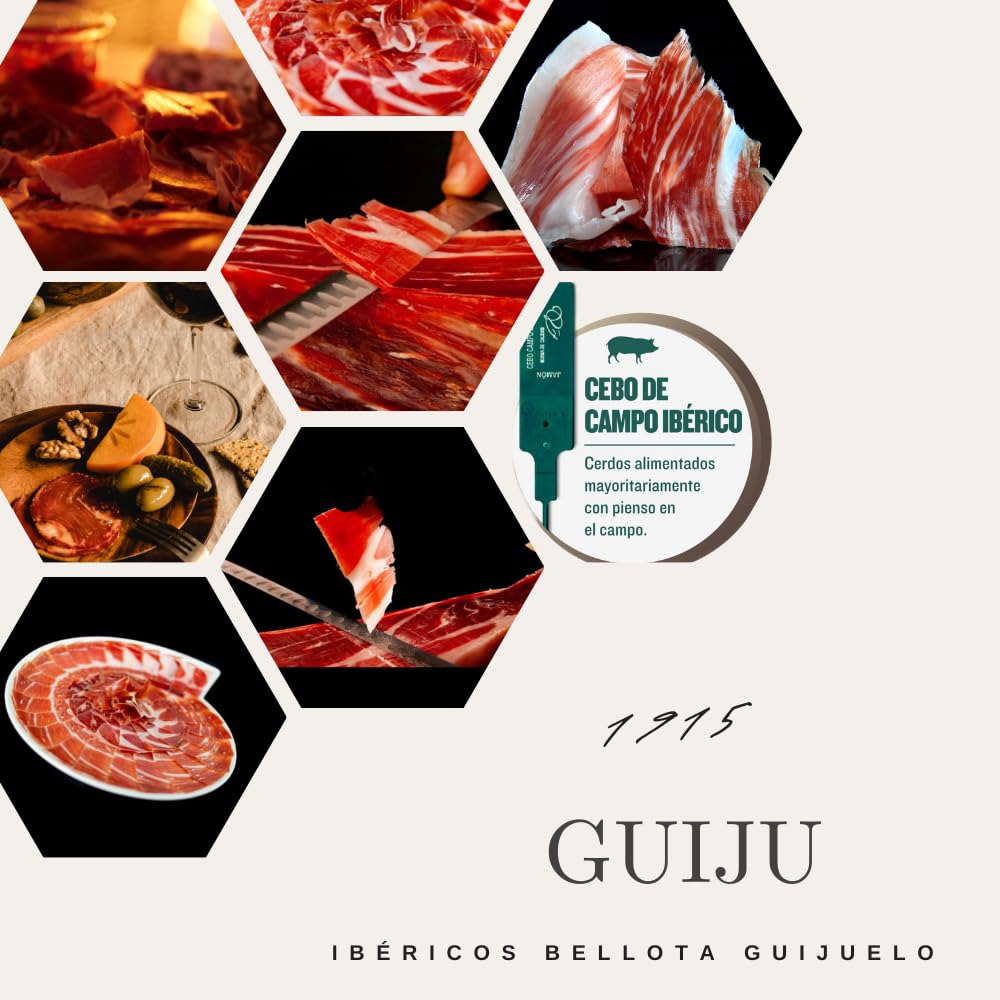 JAMÓN IBÉRICO DE CEBO DE CAMPO -10 PLATOS CORTE CUCHILLO DE 100 GR-50% RAZA IBÉRICA-LONCHEADO.MARCA GUIJU. FABRICA DE SALAMANCA.