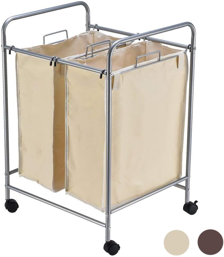 JEFEE Laundry Sorter Cart kaundry Sorter Divided Hamper with Heavy Duty Rolling Wheels, Heavy Duty Double Bag Laundry Sorter Cart for Clothes Storage, Cream…