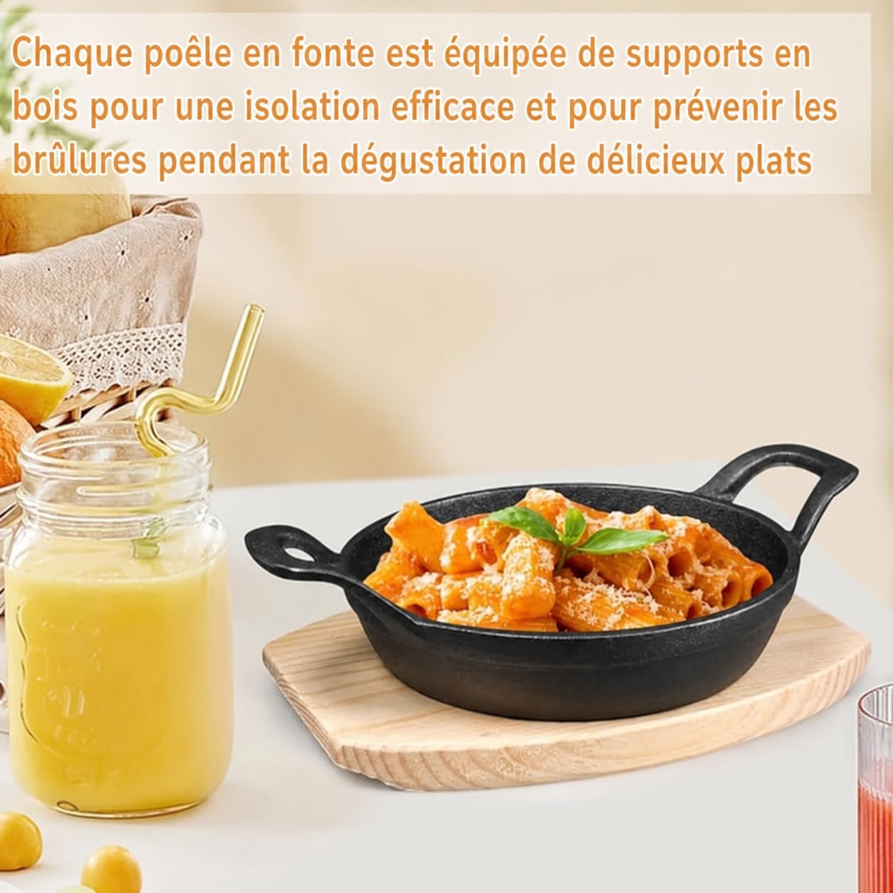 Lot de 4 Mini Poêles en Fonte 16 cm avec Poignées et Planches en Bois, Poêle Ronde Four pour Gratin, Casserole en Fonte pour Cuisson, Friture, Service Chaud, Compatible Four et Gaz