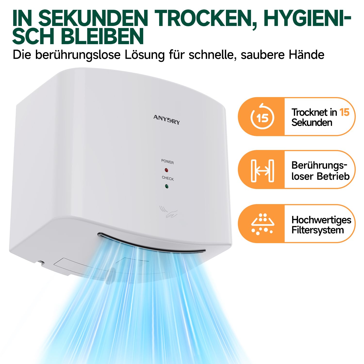 anydry 2630S Kompakter Händetrockner,Automatischer Elektrischer Händetrockner für Wandmontage,Für Gewerbliche oder Private Zwecke,Händetrockner für Toiletten.1400-1650W.(Weiß)