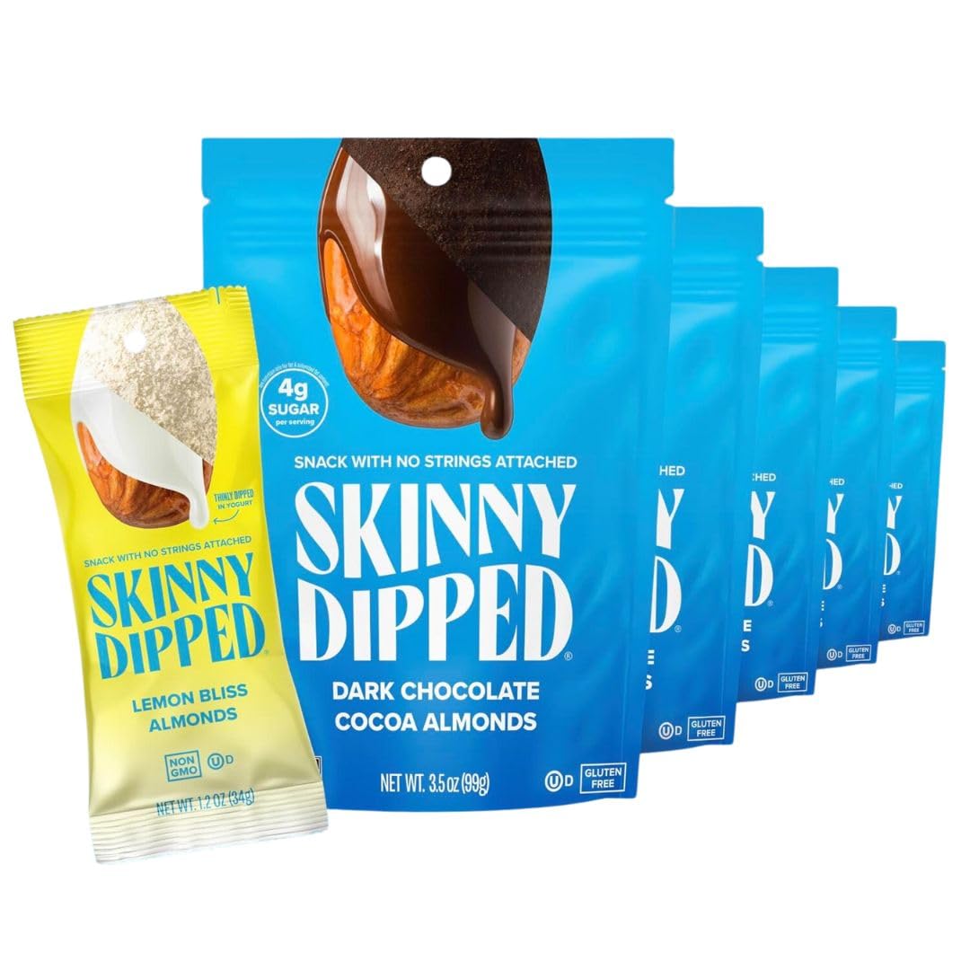 SkinnyDipped Cocoa Almonds and Lemon Bliss Almonds, Healthy Snack, Plant Protein, Gluten Free, Variety Pack of 6