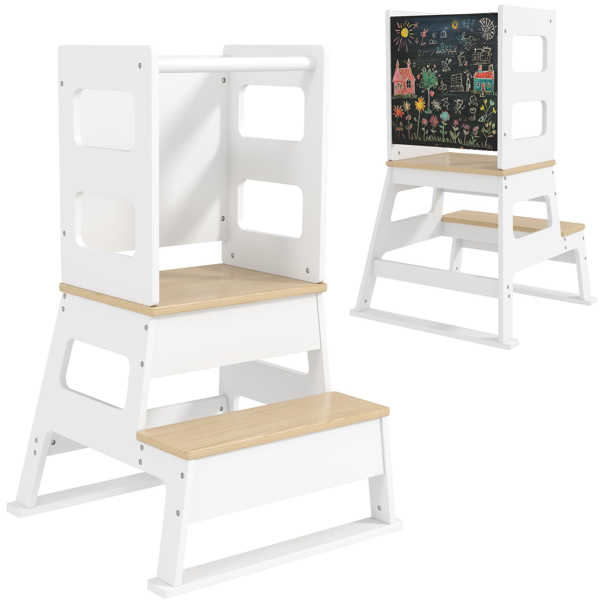 AIYAPLAY Toddler Tower with Chalkboard & Safety Rail - White - 2in