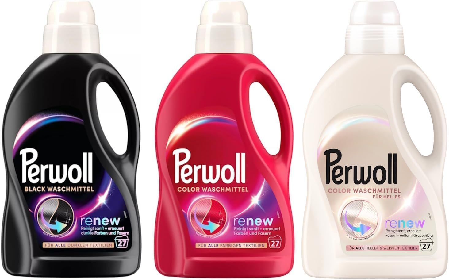 Perwoll Płyn do prania 3 x 27 ładunków (81 WL) - 1 czarny, 1 kolorowy, 1 biały - Łagodny detergent delikatnie oczyszcza i odnawia kolory/biel i włókna - Technologia potrójnego odnawiania