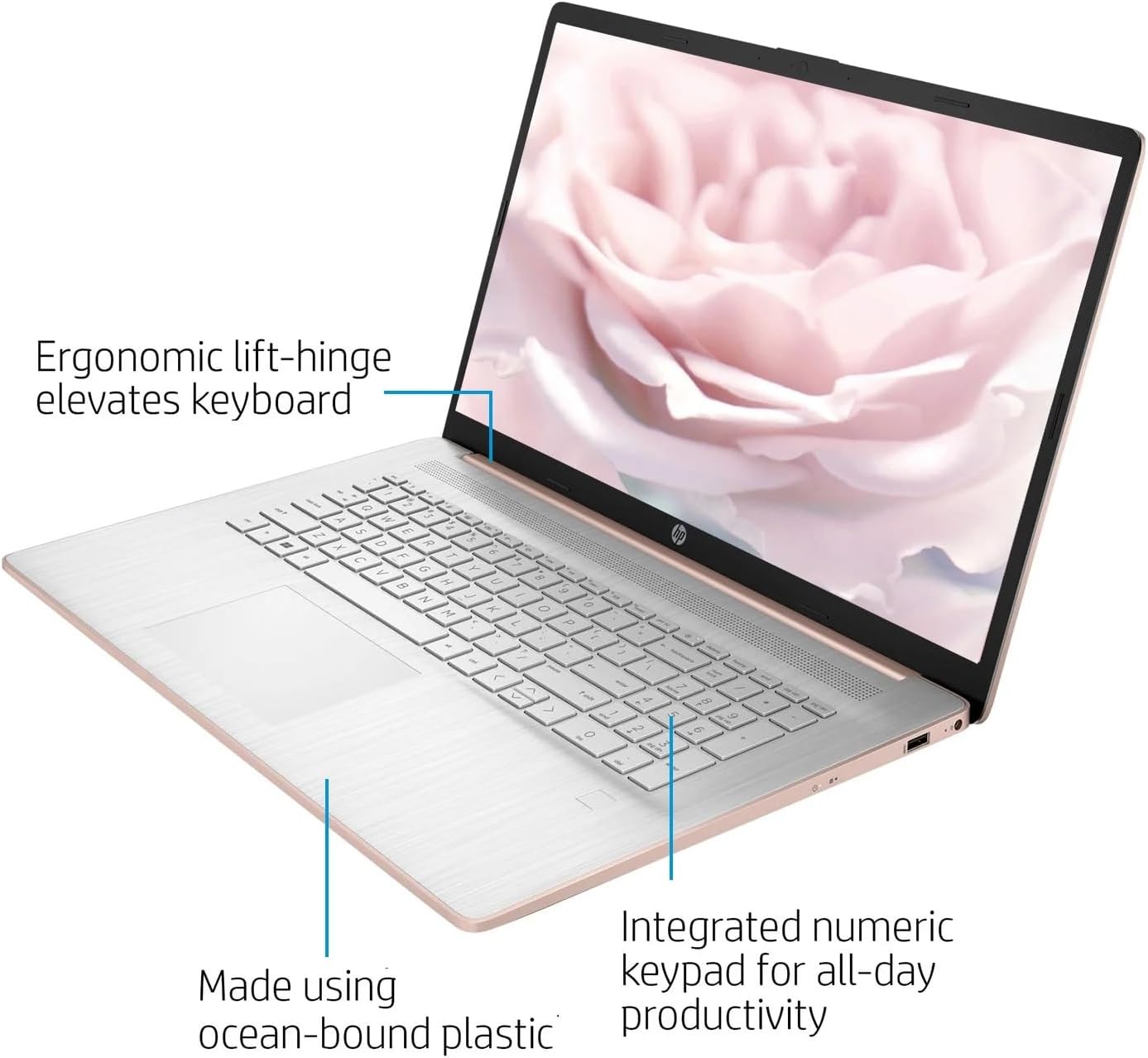 HP 17.3" HD Business Laptop Computer, AMD Ryzen 3 5300U Quad-core Processor 2.6GHz (Up to 3.8GHz), 16GB RAM, 1TB SSD, Backlit Keyboard, USB-C, Wi-Fi, Bluetooth, Touchscreen, Webcam, Rose Gold, Win 11