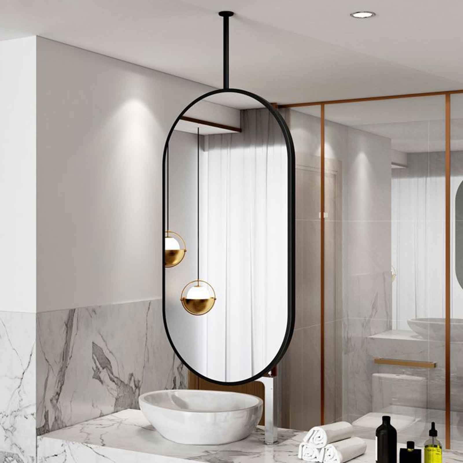 BKSXSOP Ceiling Mount Mirrors for Bathrooms Suspend, Oval Hanging Mirror w/Black Metal Frame and Rod HD Makeup Mirrors(60cmx100cm)
