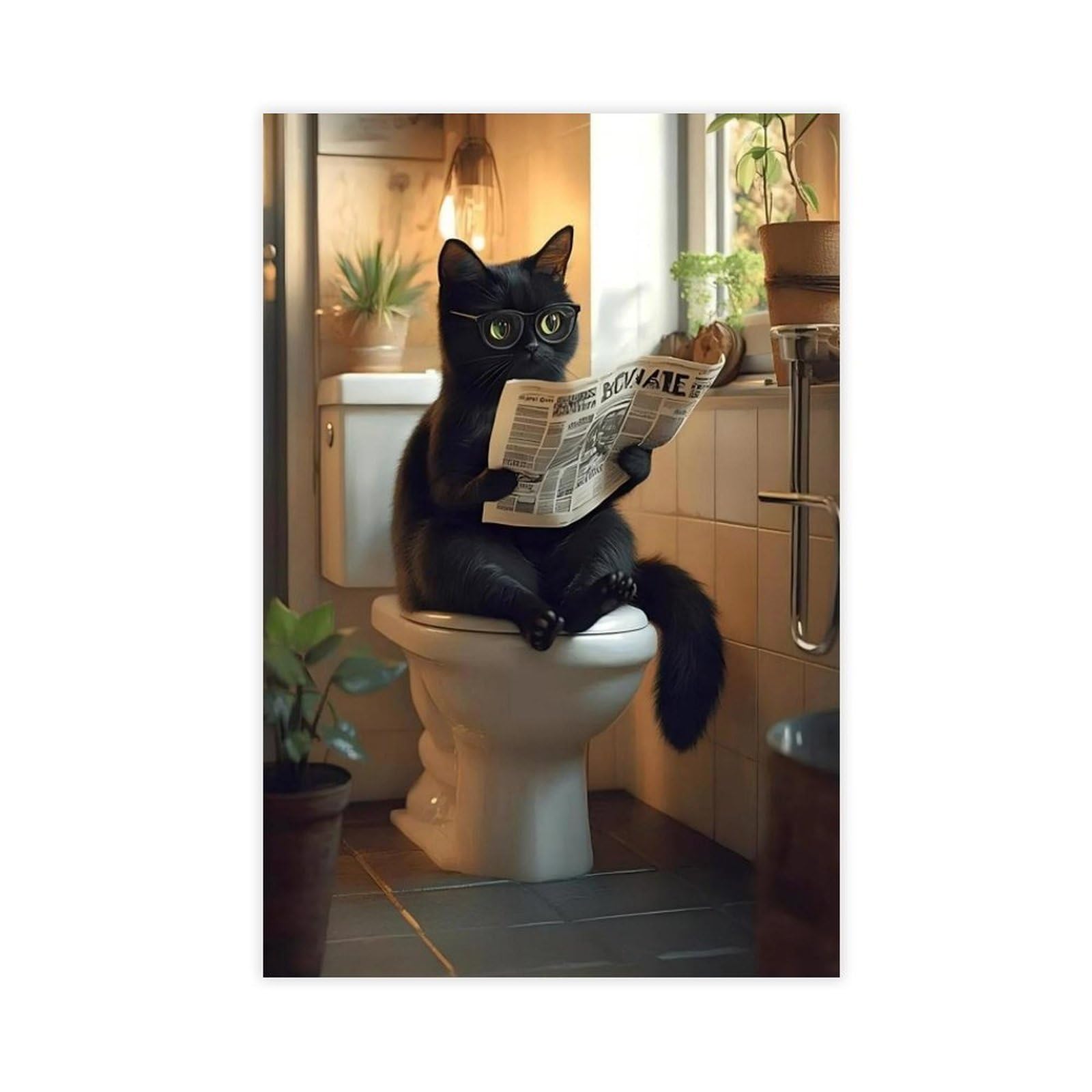 Flamint Black Cat Sitting on The Toilet And Reading Newspaper Canvas Poster Bedroom Decor Landscape Office Room Decor Gift 24" L X 36" W