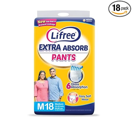 Lifree Extra Absorb Adult Diaper Pants Unisex, Medium size 18 Pieces, Waist size (60-85 cm | 24-33 Inches)