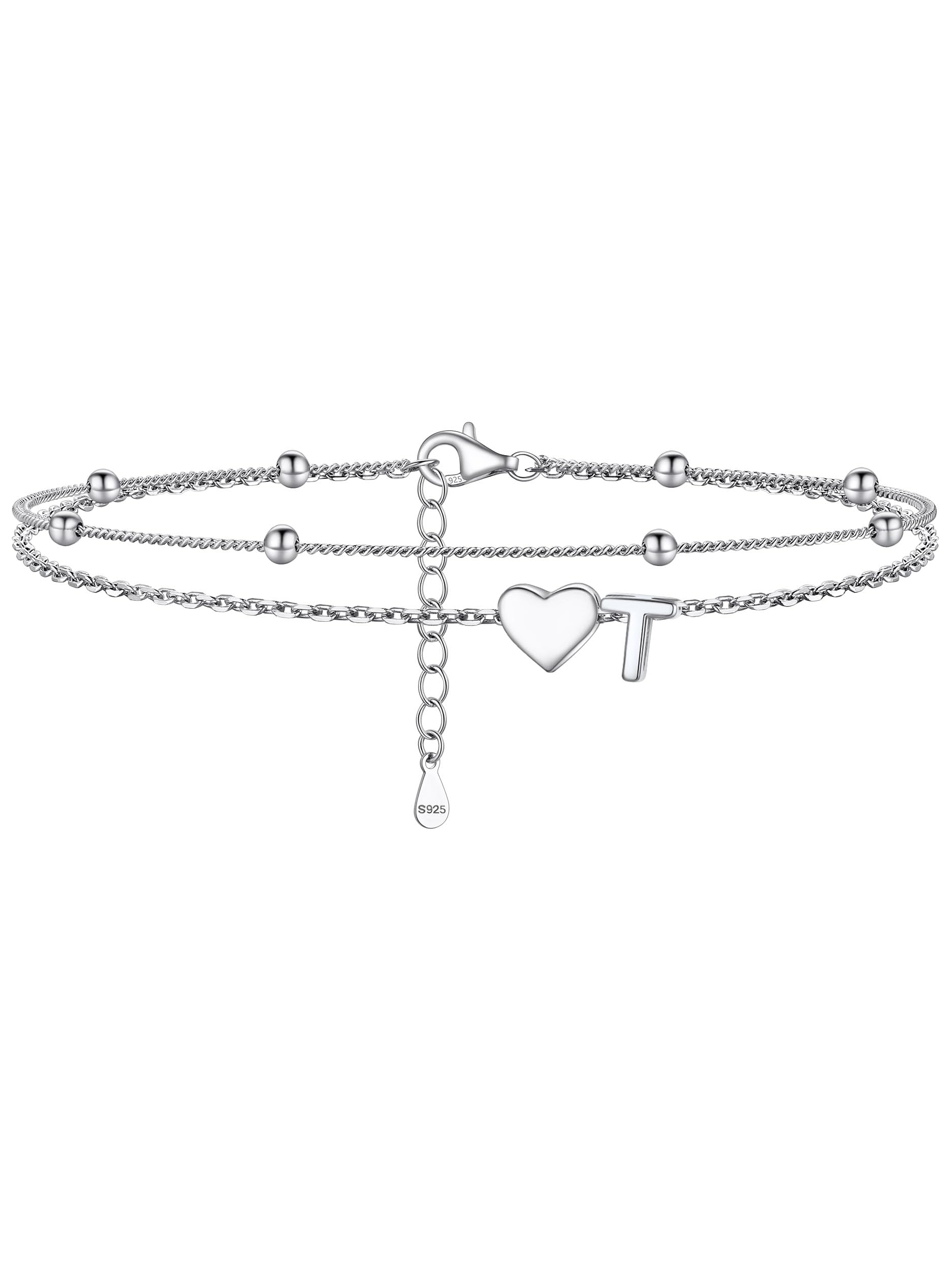 PROSILVER Ankle Bracelets for Women S925 Sterling Silver Anklets for Women Waterproof, Dainty Layered Heart Anklet, Beach Initial Anklet for Summer,